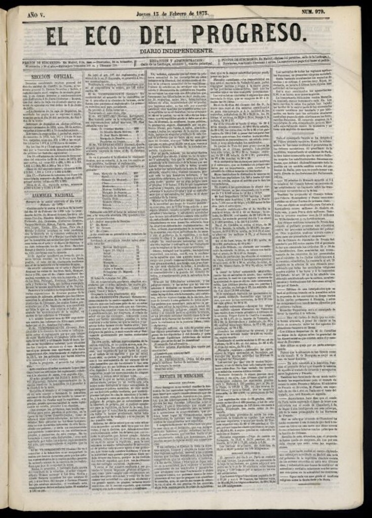 Miniatura de El Eco del Progreso : diario independiente. 13 de febrero de 1873, nº 979