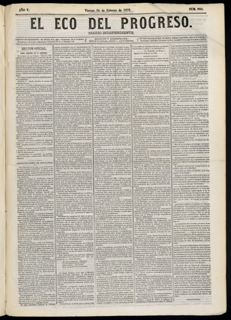 Miniatura de El Eco del Progreso : diario independiente. 14 de febrero de 1873, nº 980