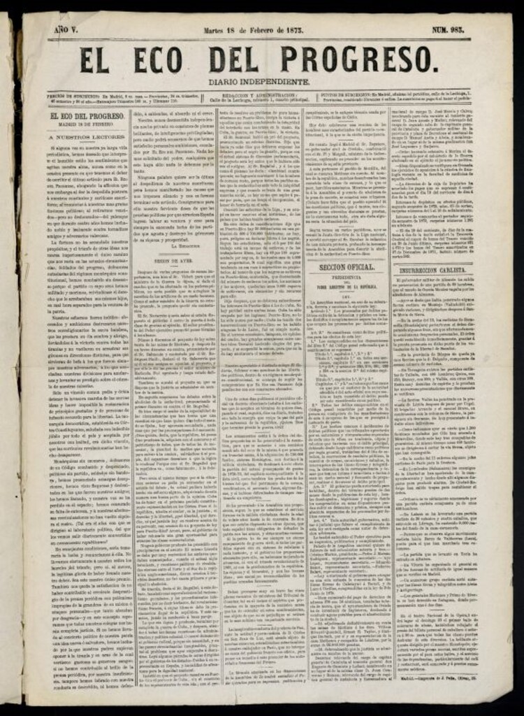 Miniatura de El Eco del Progreso : diario independiente. 18 de febrero de 1873, nº 983