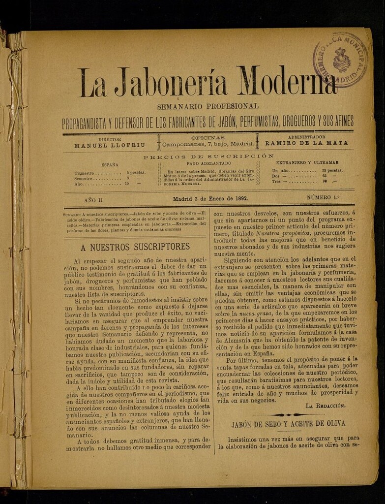 Miniatura de La Jabonería Moderna: semanario profesional: propagandista y defensor de los fabricantes de jabón, perfumistas, drogueros y sus afines