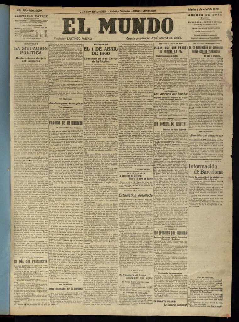 Miniatura de El Mundo del 1 de abril de 1919 (edición de provincias)