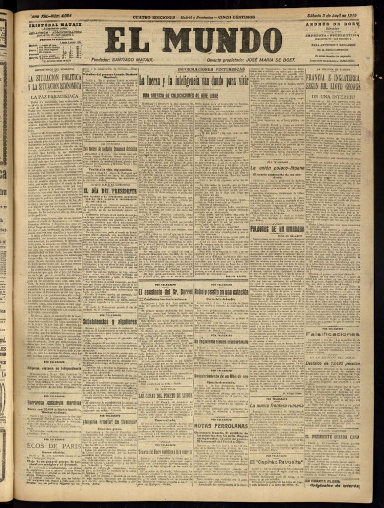 Miniatura de El Mundo del 5 de abril de 1919 (edición de provincias)