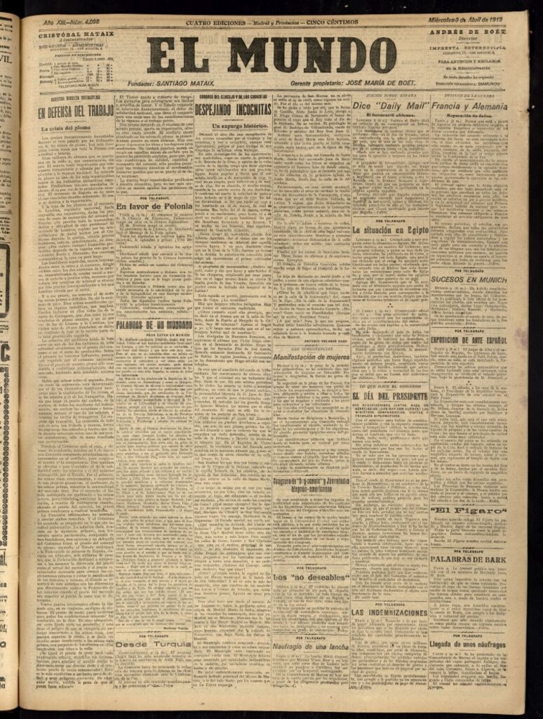 Miniatura de El Mundo del 9 de abril de 1919 (edición de provincias)