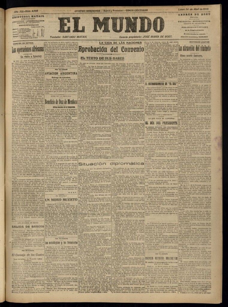 Miniatura de El Mundo del 14 de abril de 1919 (edición de provincias)