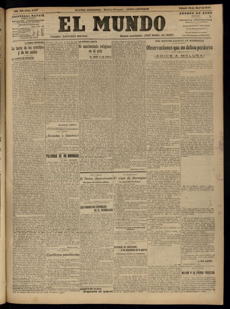 Miniatura de El Mundo del 19 de abril de 1919 (edición de provincias)
