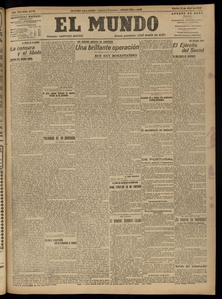 Miniatura de El Mundo del 22 de abril de 1919 (edición de provincias)