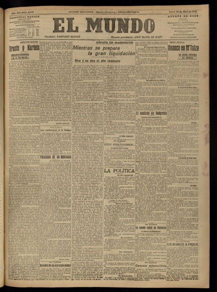 Miniatura de El Mundo del 28 de abril de 1919 (edición de provincias)