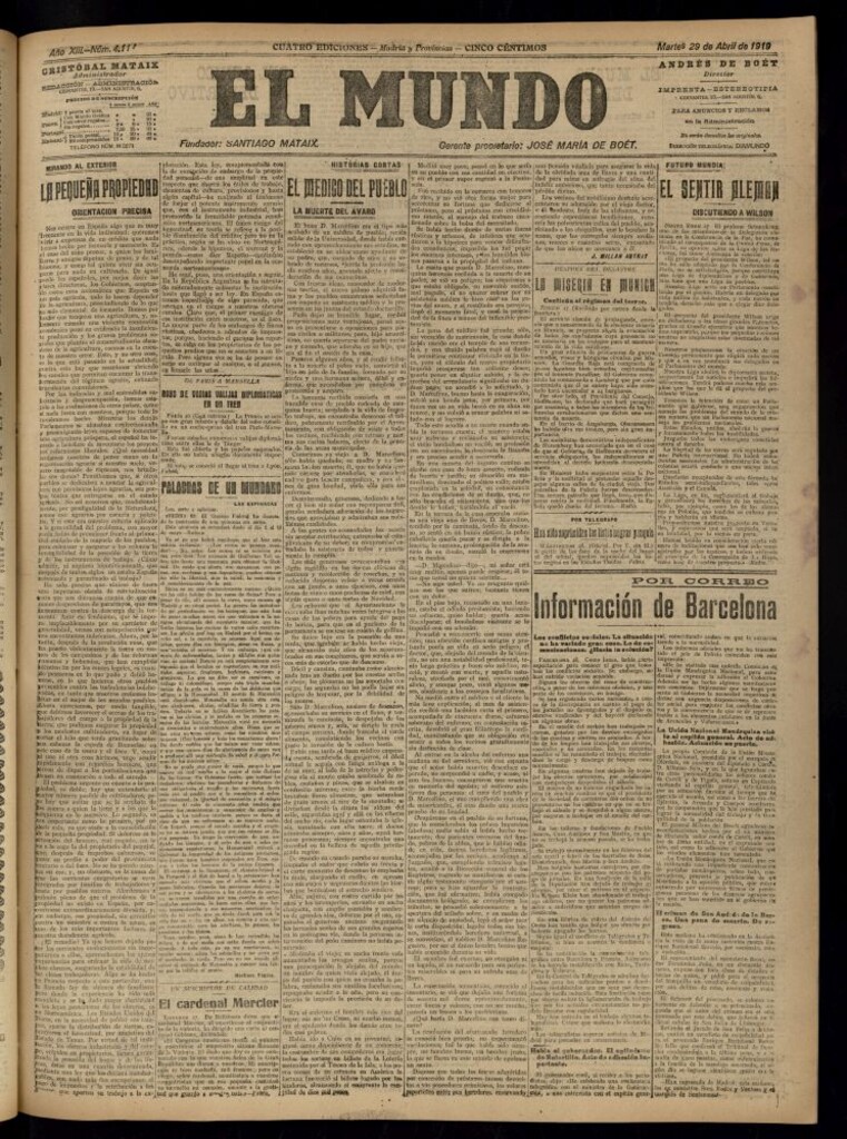Miniatura de El Mundo del 29 de abril de 1919 (edición de provincias)