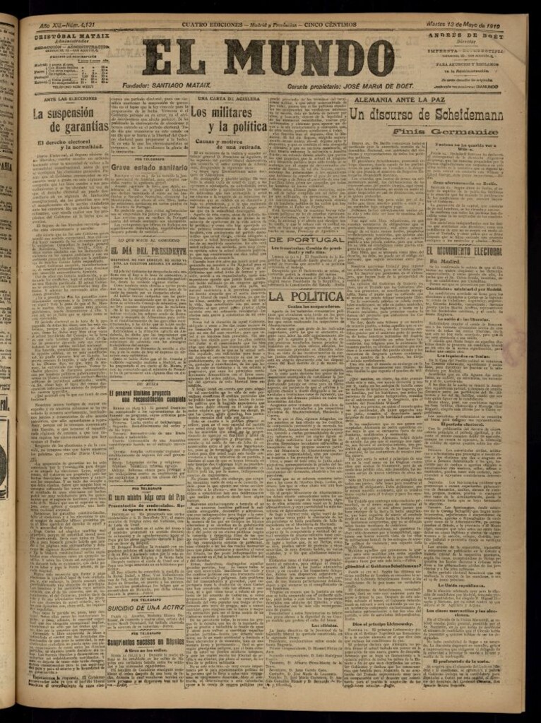 Miniatura de El Mundo del 13 de mayo de 1919 (edición de provincias)