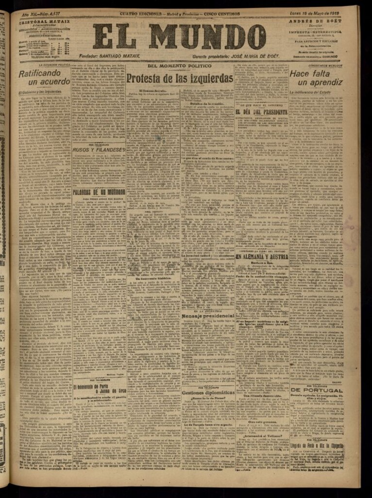 Miniatura de El Mundo del 19 de mayo de 1919 (edición de provincias)
