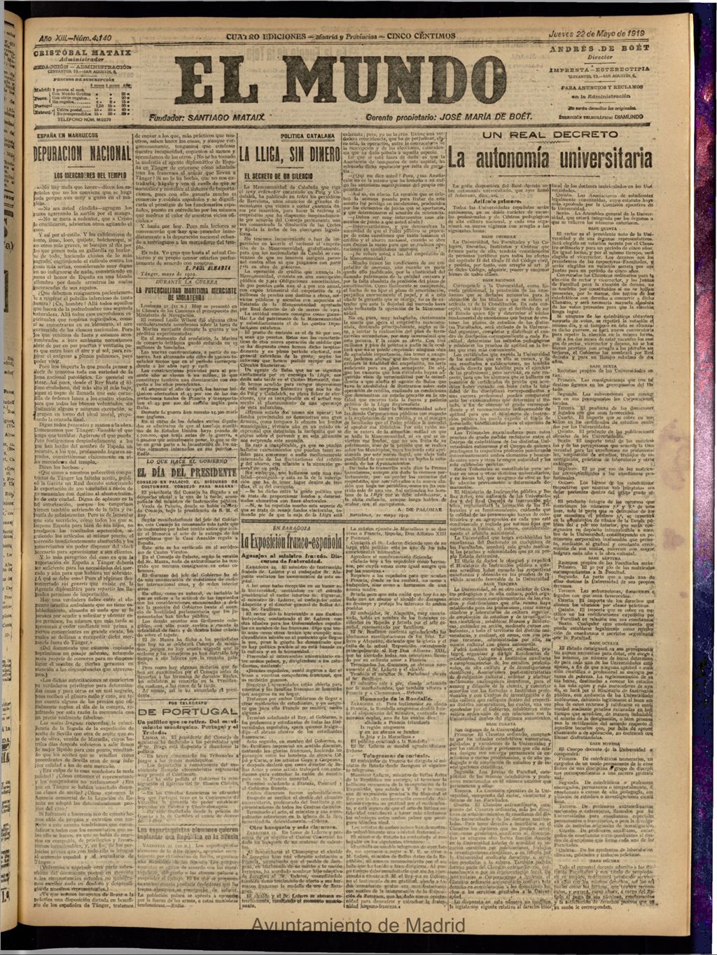 Miniatura de El Mundo del 22 de mayo de 1919 (edición de provincias)