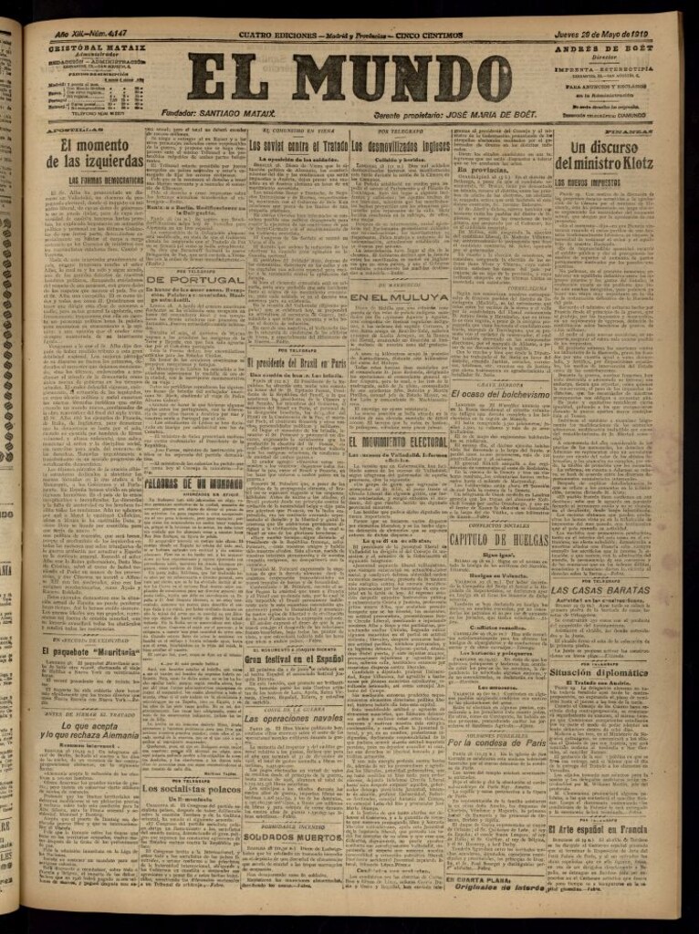 Miniatura de El Mundo del 29 de mayo de 1919 (edición de provincias)