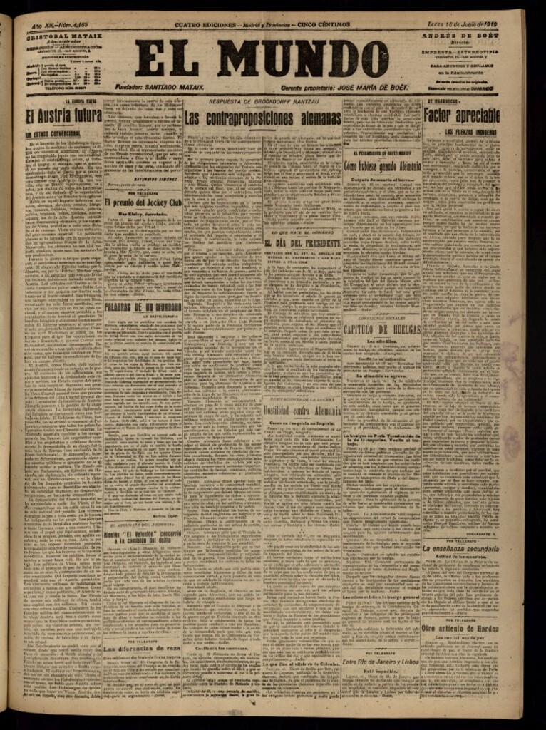 Miniatura de El Mundo del 16 de junio de 1919 (edición de provincias)