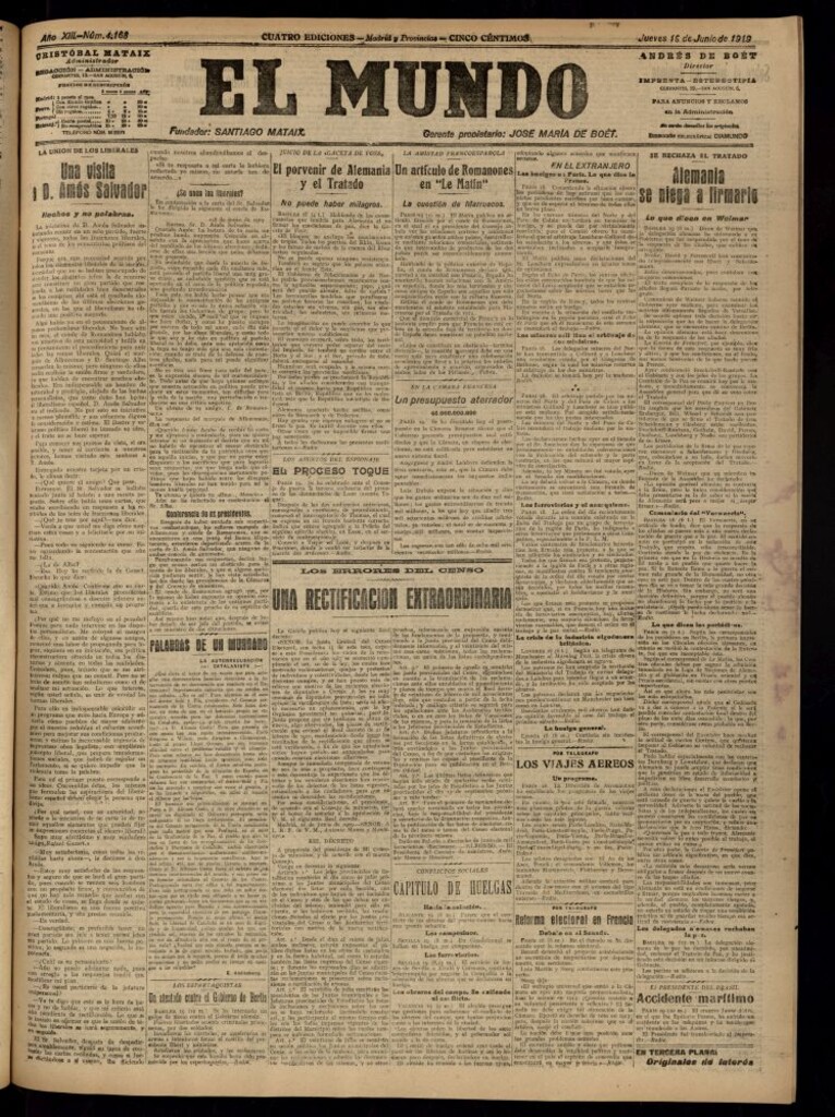 Miniatura de El Mundo del 19 de junio de 1919 (edición de provincias)