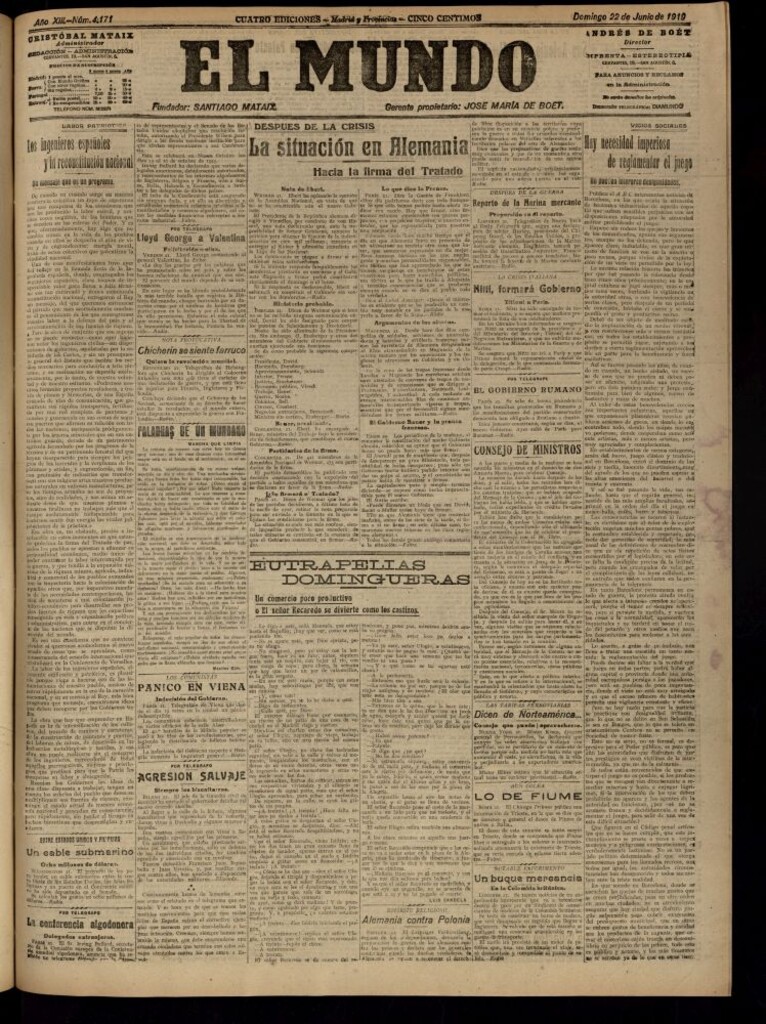 Miniatura de El Mundo del 22 de junio de 1919 (edición de provincias)