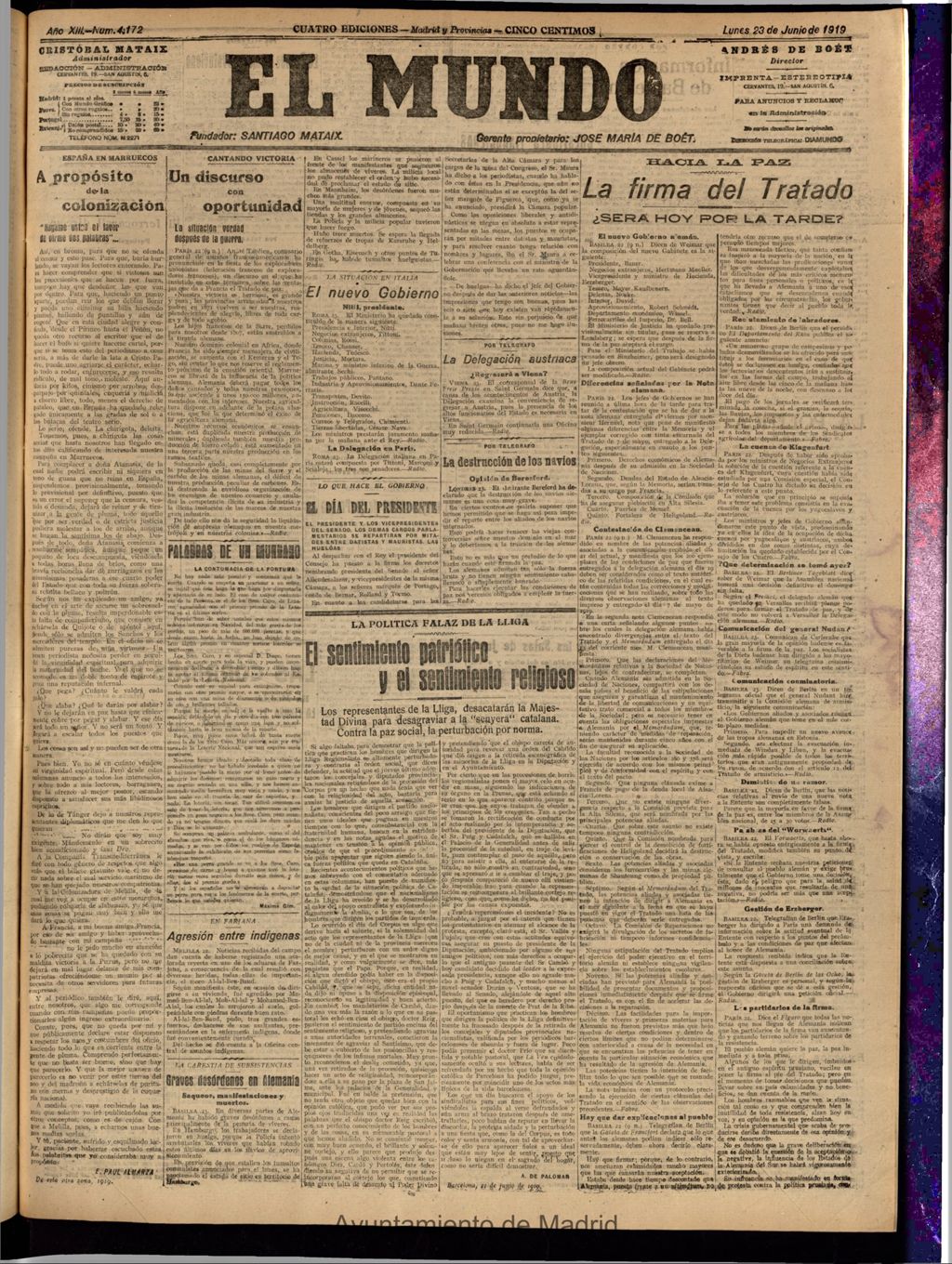 Miniatura de El Mundo del 23 de junio de 1919 (edición de provincias)