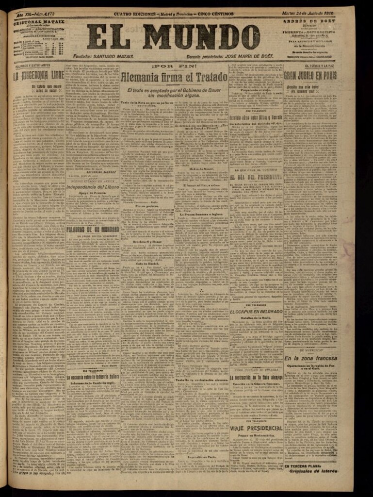 Miniatura de El Mundo del 24 de junio de 1919 (edición de provincias)