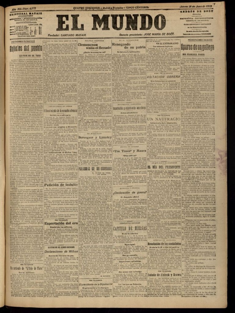 Miniatura de El Mundo del 26 de junio de 1919 (edición de provincias)