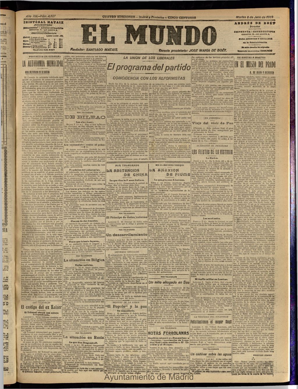 Miniatura de El Mundo del 8 de julio de 1919 (edición de provincias)
