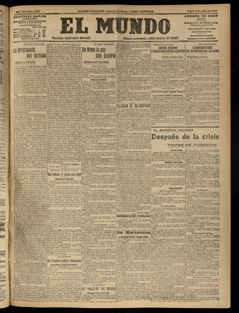 Miniatura de El Mundo del 21 de julio de 1919 (edición de provincias)