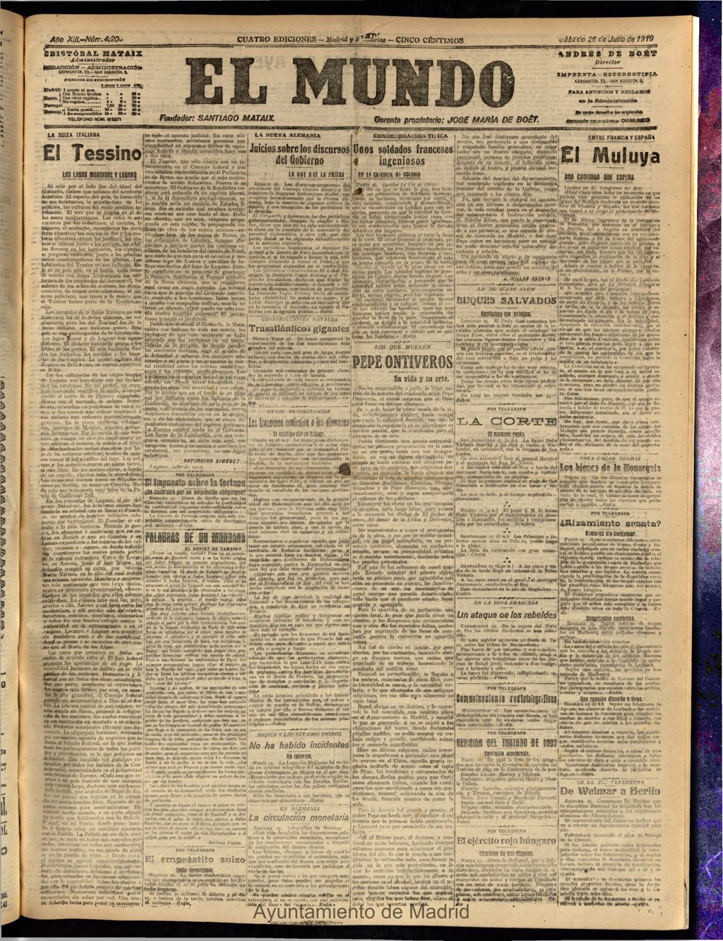 Miniatura de El Mundo del 26 de julio de 1919 (edición de provincias)