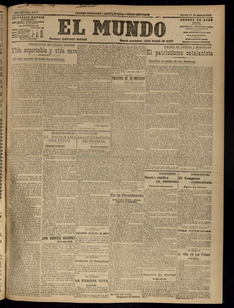 Miniatura de El Mundo del 31 de julio de 1919 (edición de provincias)