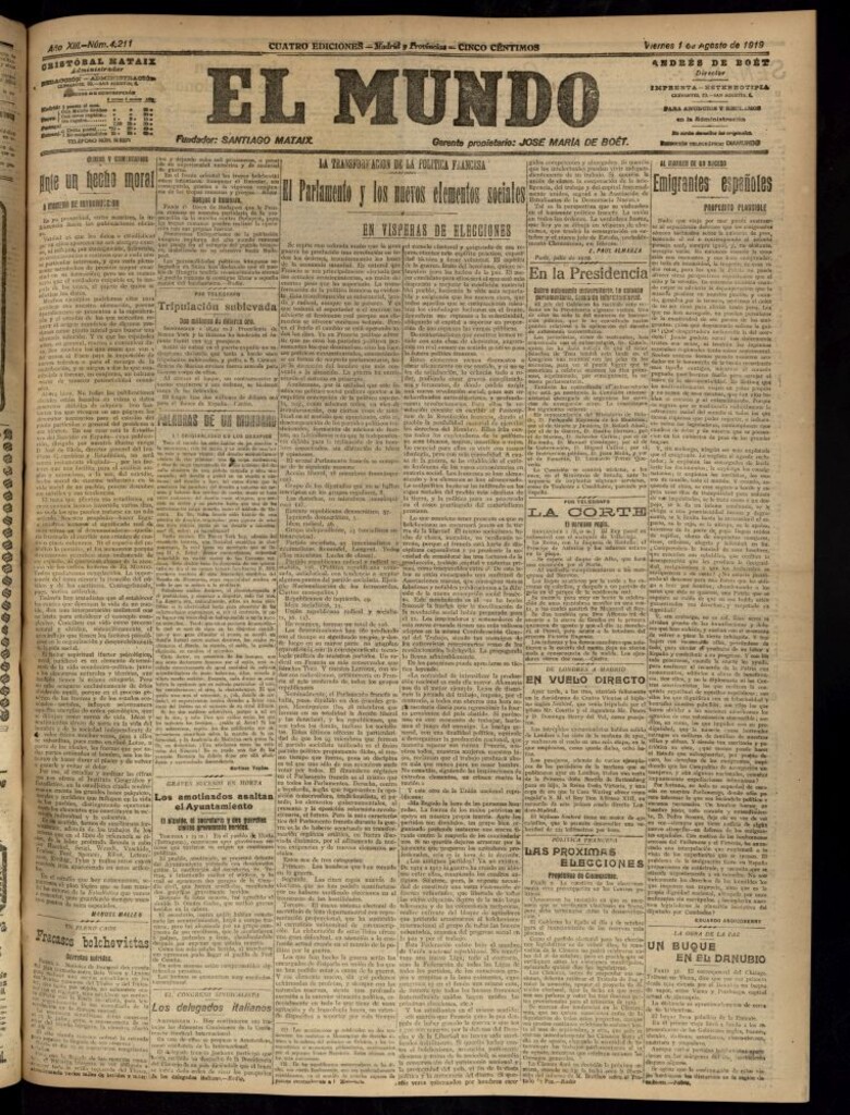 Miniatura de El Mundo del 1 de agosto de 1919 (edición de provincias)