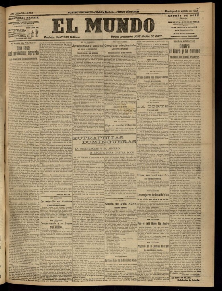 Miniatura de El Mundo del 3 de agosto de 1919 (edición de provincias)