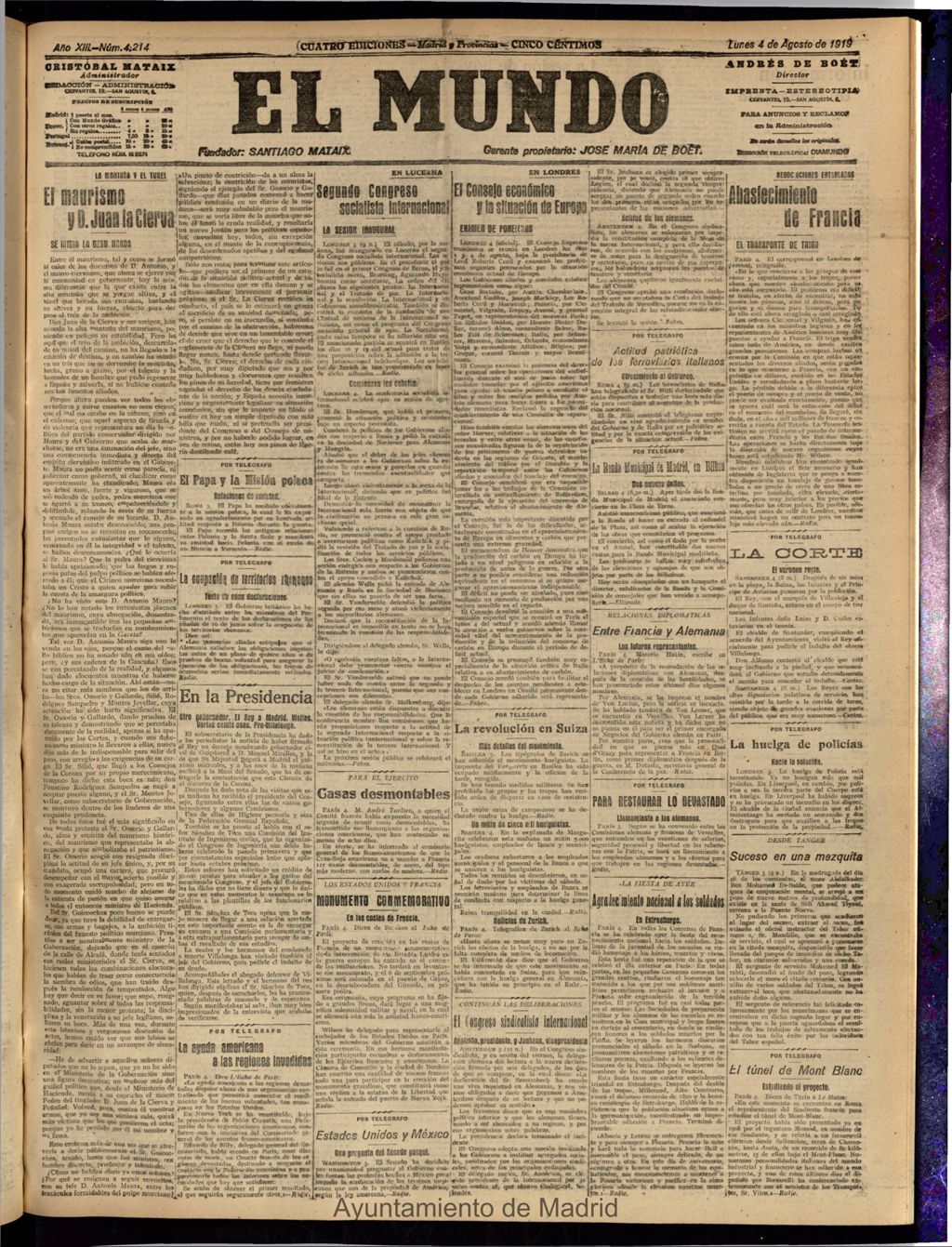 Miniatura de El Mundo del 4 de agosto de 1919 (edición de provincias)