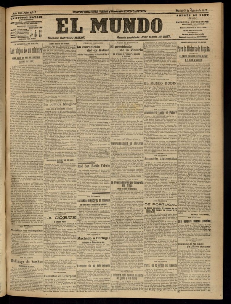 Miniatura de El Mundo del 5 de agosto de 1919 (edición de provincias)