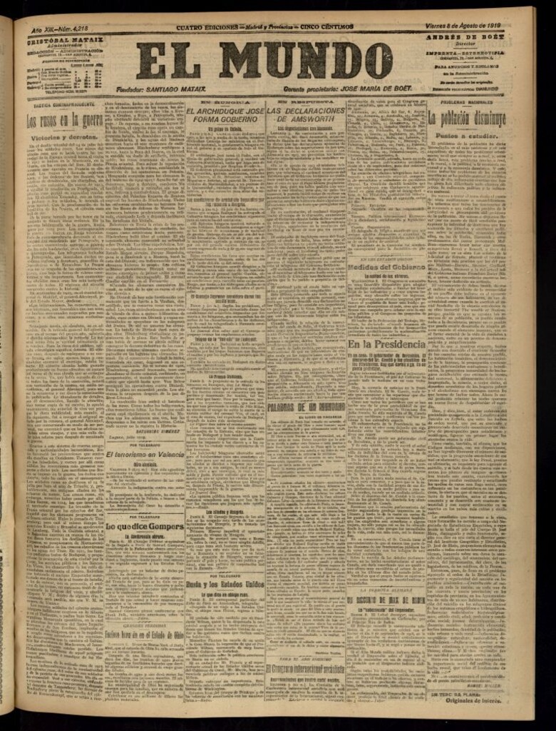 Miniatura de El Mundo del 8 de agosto de 1919 (edición de provincias)