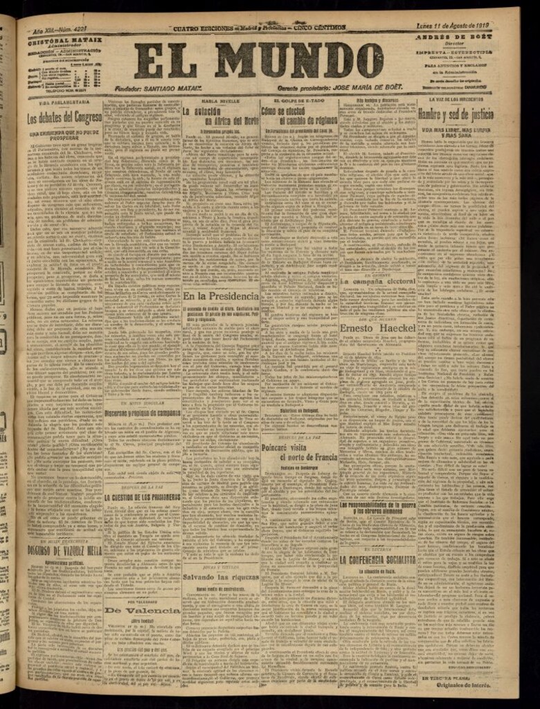 Miniatura de El Mundo del 11 de agosto de 1919 (edición de provincias)