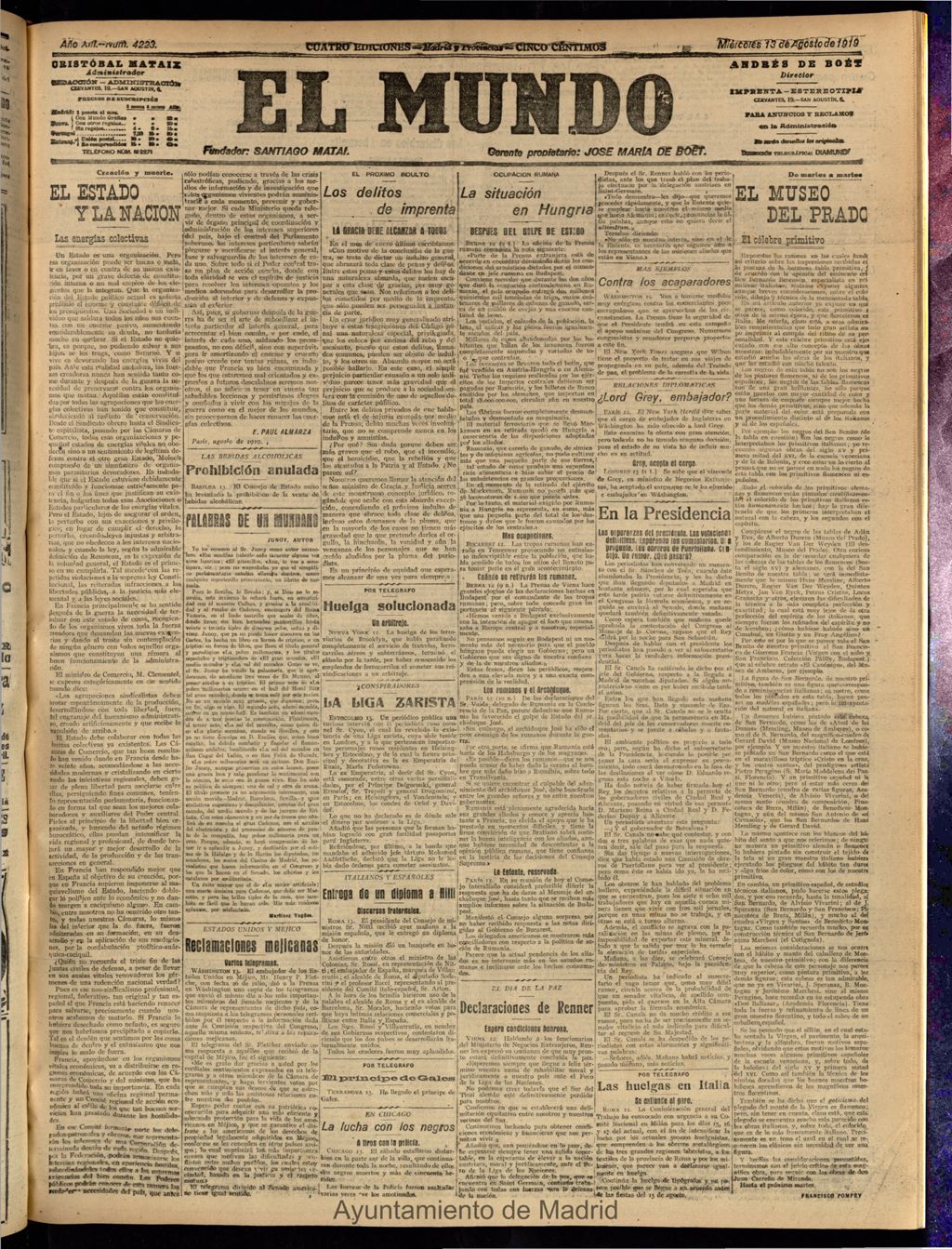 Miniatura de El Mundo del 13 de agosto de 1919 (edición de provincias)