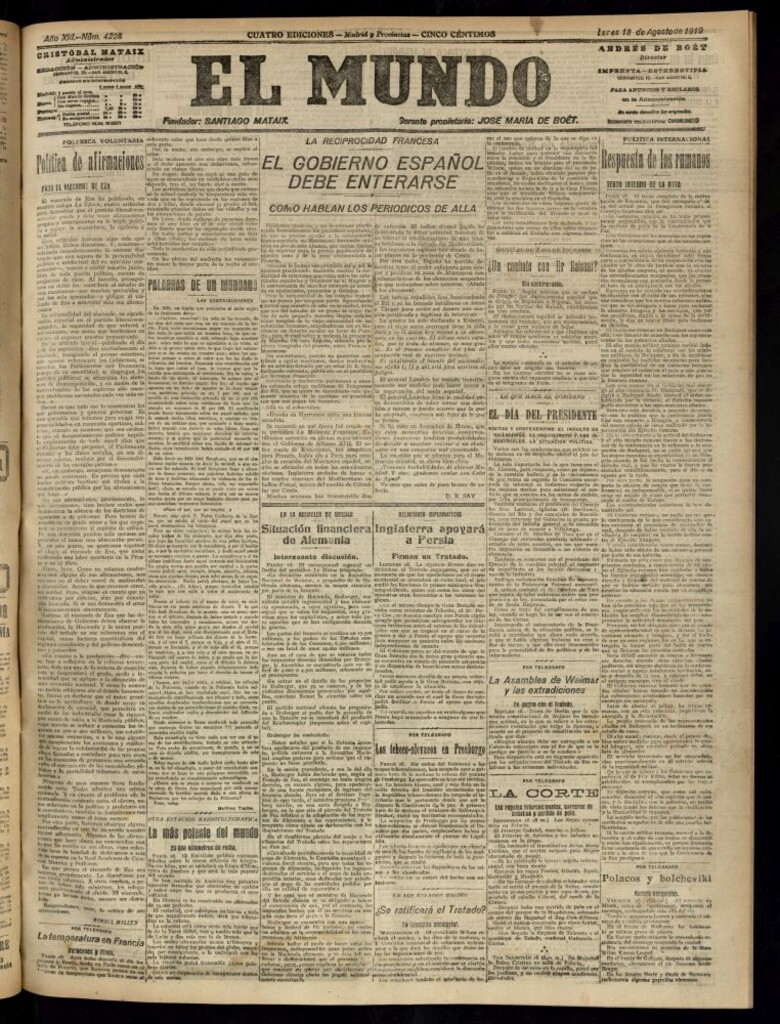 Miniatura de El Mundo del 18 de agosto de 1919 (edición de provincias)