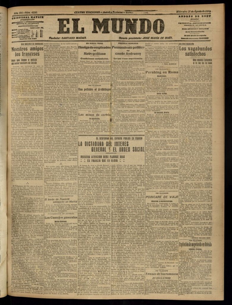 Miniatura de El Mundo del 20 de agosto de 1919 (edición de provincias)