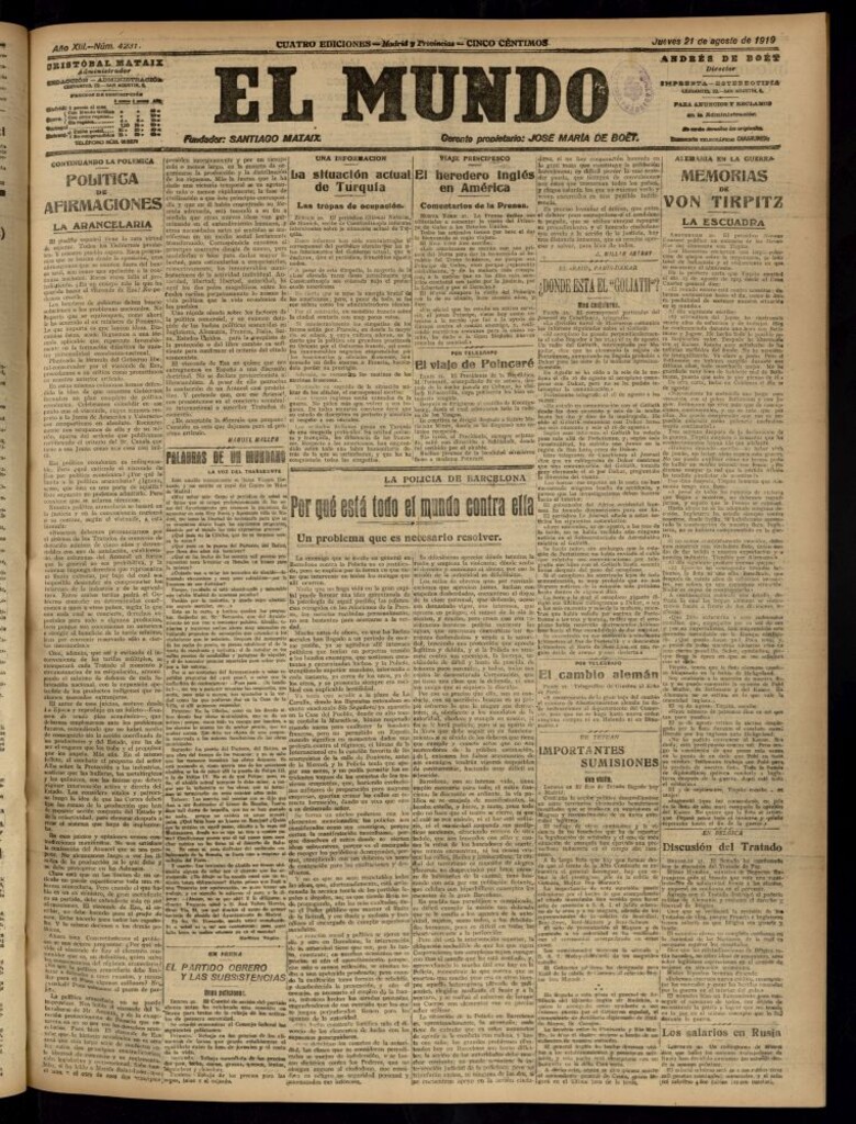 Miniatura de El Mundo del 21 de agosto de 1919 (edición de provincias)