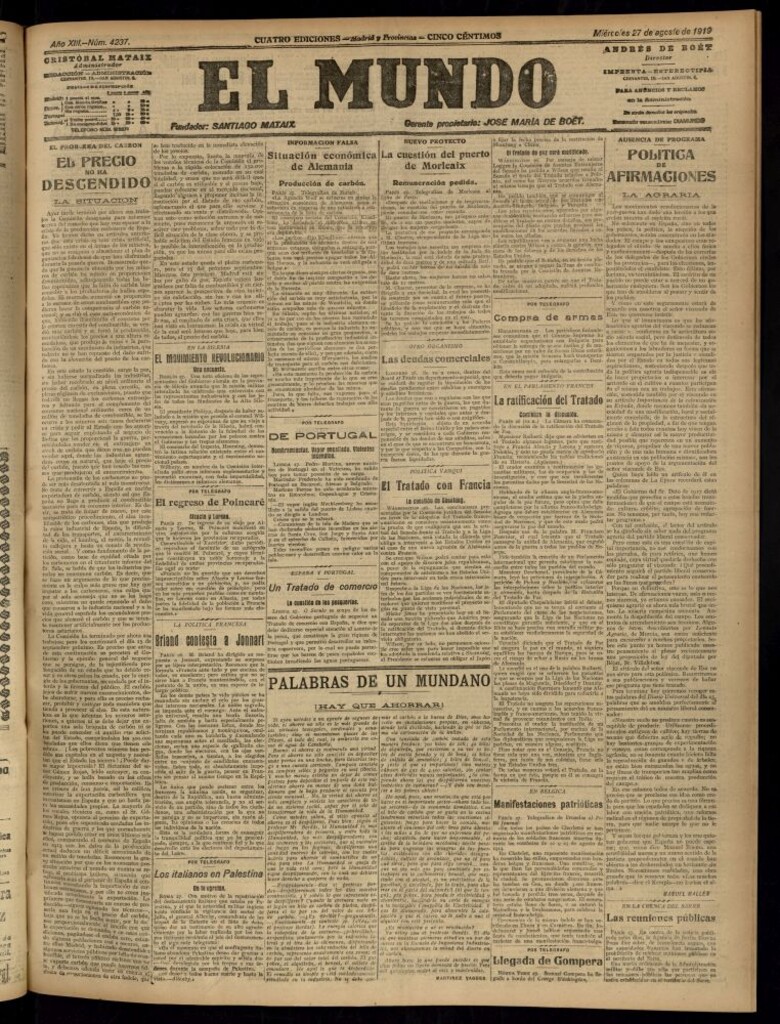 Miniatura de El Mundo del 27 de agosto de 1919 (edición de provincias)