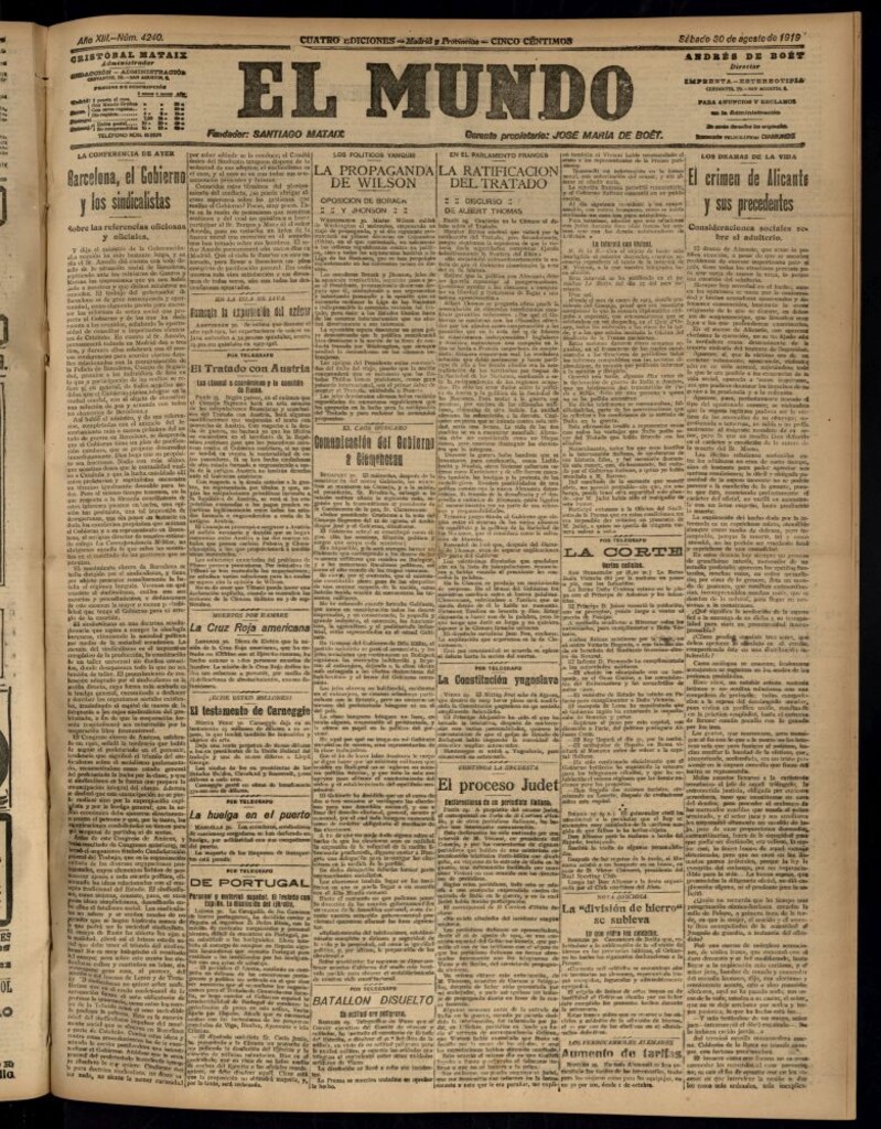 Miniatura de El Mundo del 30 de agosto de 1919 (edición de provincias)