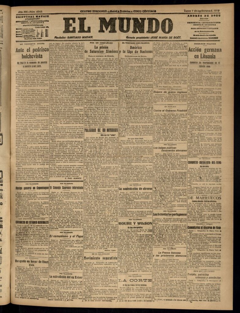 Miniatura de El Mundo del 1 de septiembre de 1919 (edición de provincias)
