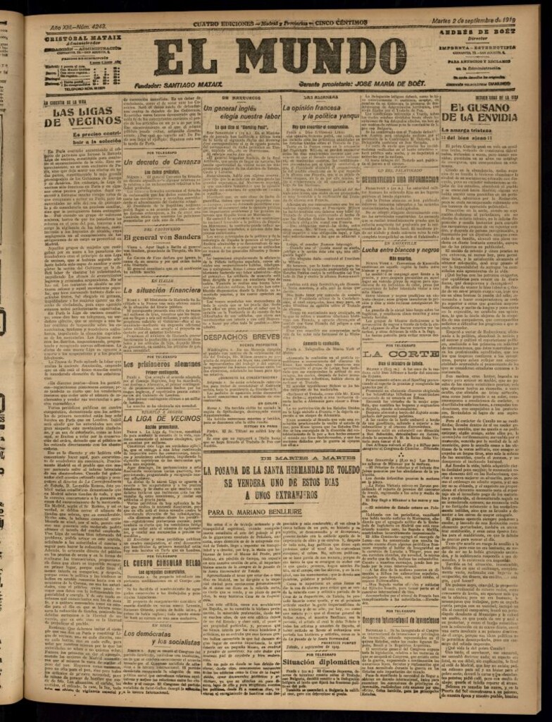 Miniatura de El Mundo del 2 de septiembre de 1919 (edición de provincias)