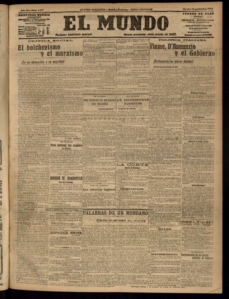 Miniatura de El Mundo del 16 de septiembre de 1919 (edición de provincias)