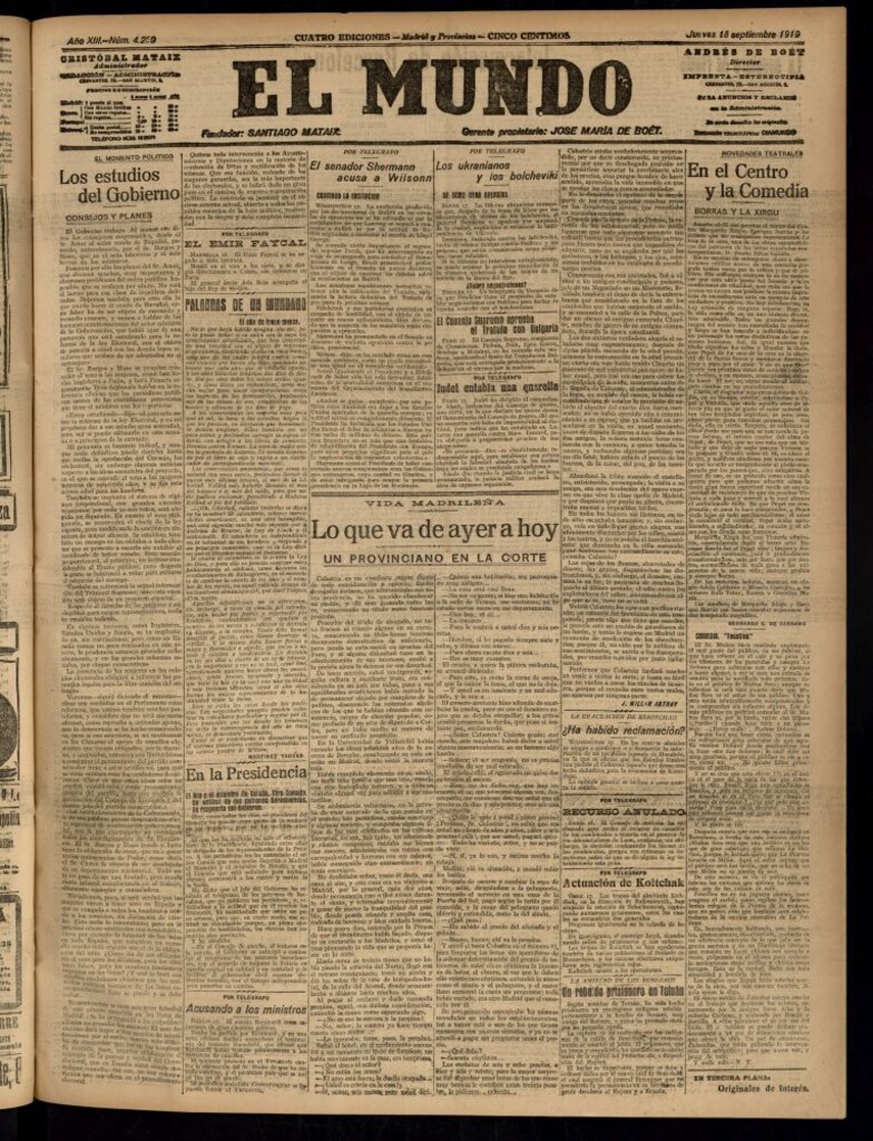 Miniatura de El Mundo del 18 de septiembre de 1919 (edición de provincias)