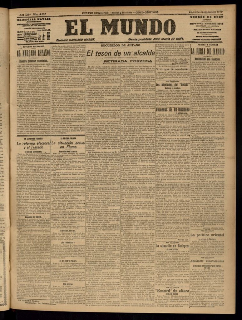 Miniatura de El Mundo del 21 de septiembre de 1919 (edición de provincias)