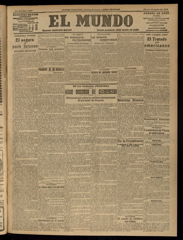 Miniatura de El Mundo del 26 de septiembre de 1919 (edición de provincias)