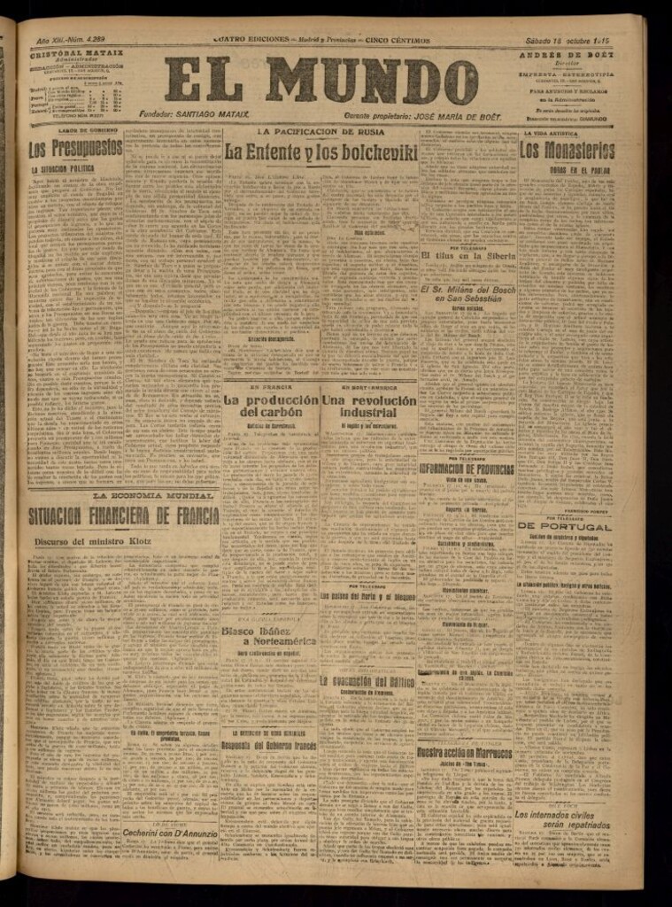Miniatura de El Mundo del 18 de octubre de 1919 (edición de provincias)