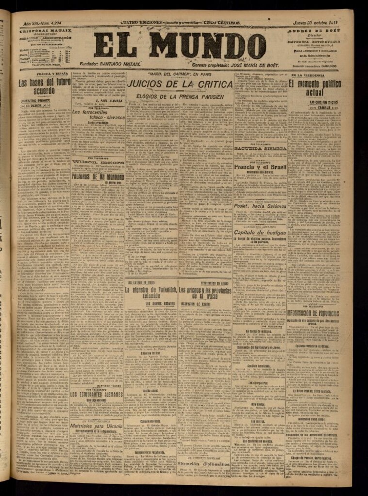 Miniatura de El Mundo del 23 de octubre de 1919 (edición de provincias)