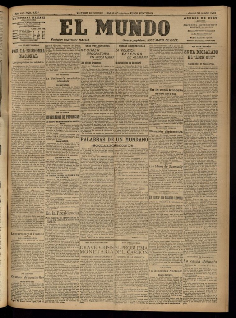 Miniatura de El Mundo del 30 de octubre de 1919 (edición de provincias)