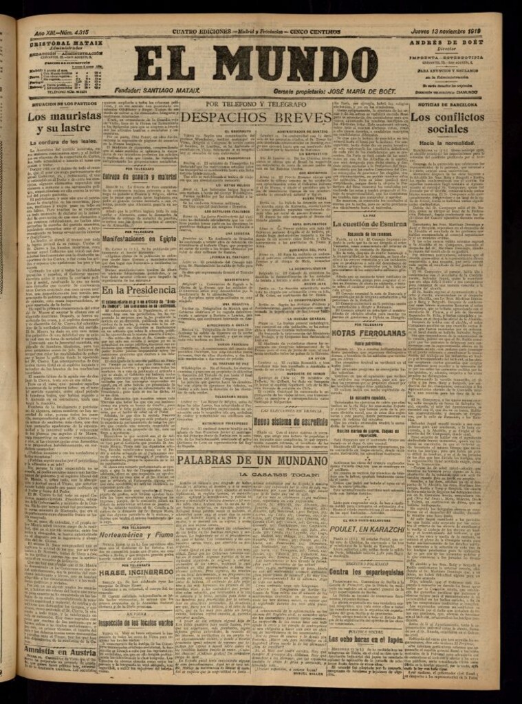 Miniatura de El Mundo del 13 de noviembre de 1919 (edición de provincias)