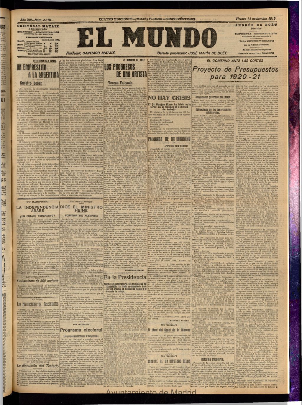 Miniatura de El Mundo del 14 de noviembre de 1919 (edición de provincias)