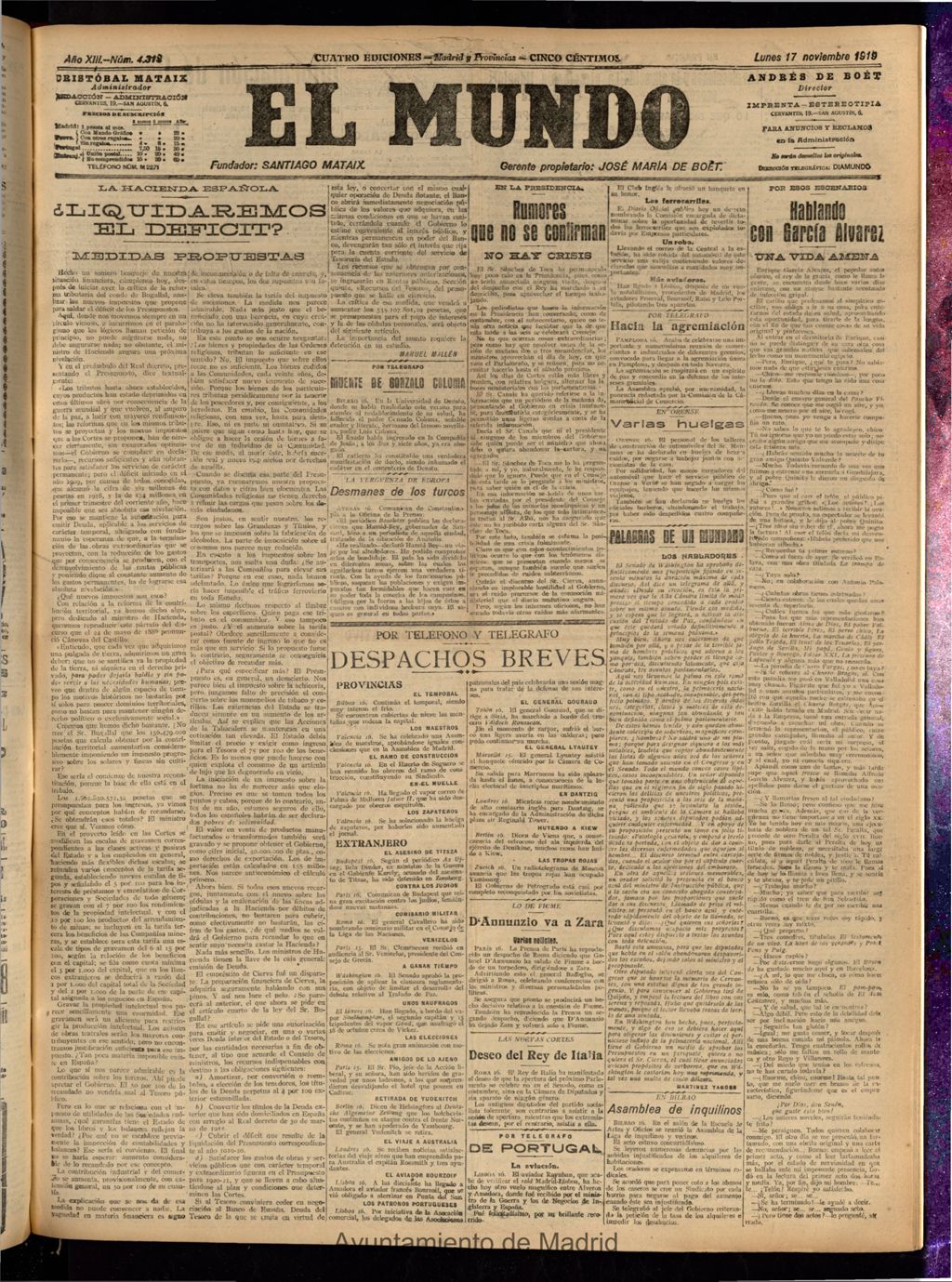 Miniatura de El Mundo del 17 de noviembre de 1919 (edición de provincias)